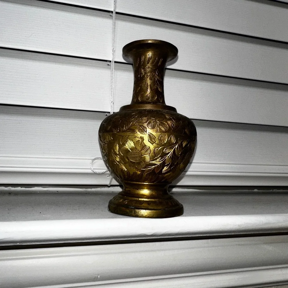Vintage Hand Etched Brass Floral Bud Vase Gold Tone Antique Style Rustic Charm